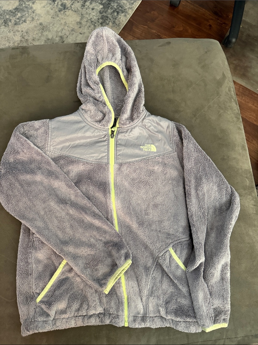 The North Face Youth Plush Gray Hooded Jacket with Yellow Trim